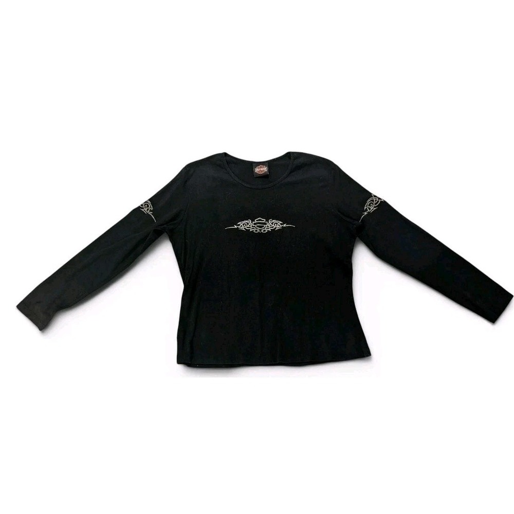 Harley Davidson Motorcycles USA Womens XL Black Grunge Tribal Bikercore Graphic